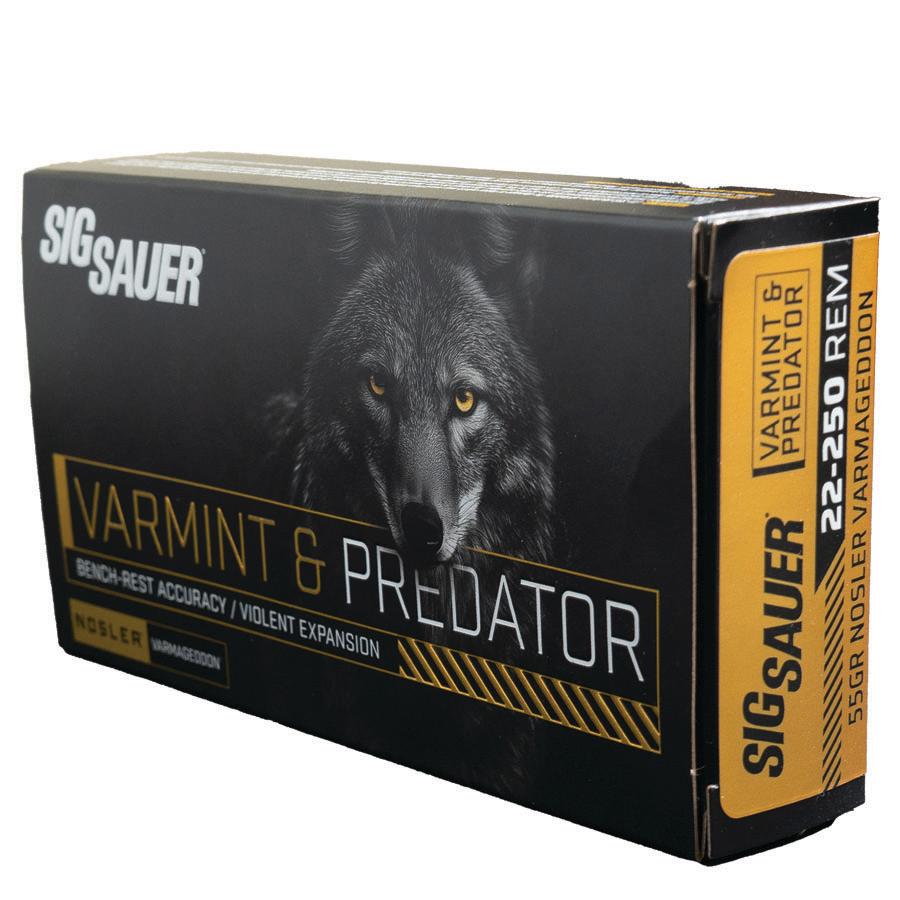 Sig Sauer Varmint & Predator w/Varmageddon Rifle Ammunition .22-250 Rem 55gr PT 20/ct Picture of Sig Sauer SIG AMMO 22-250 REM 55GR VARMINT & PREDATOR VARMAGEDDON BOX/20