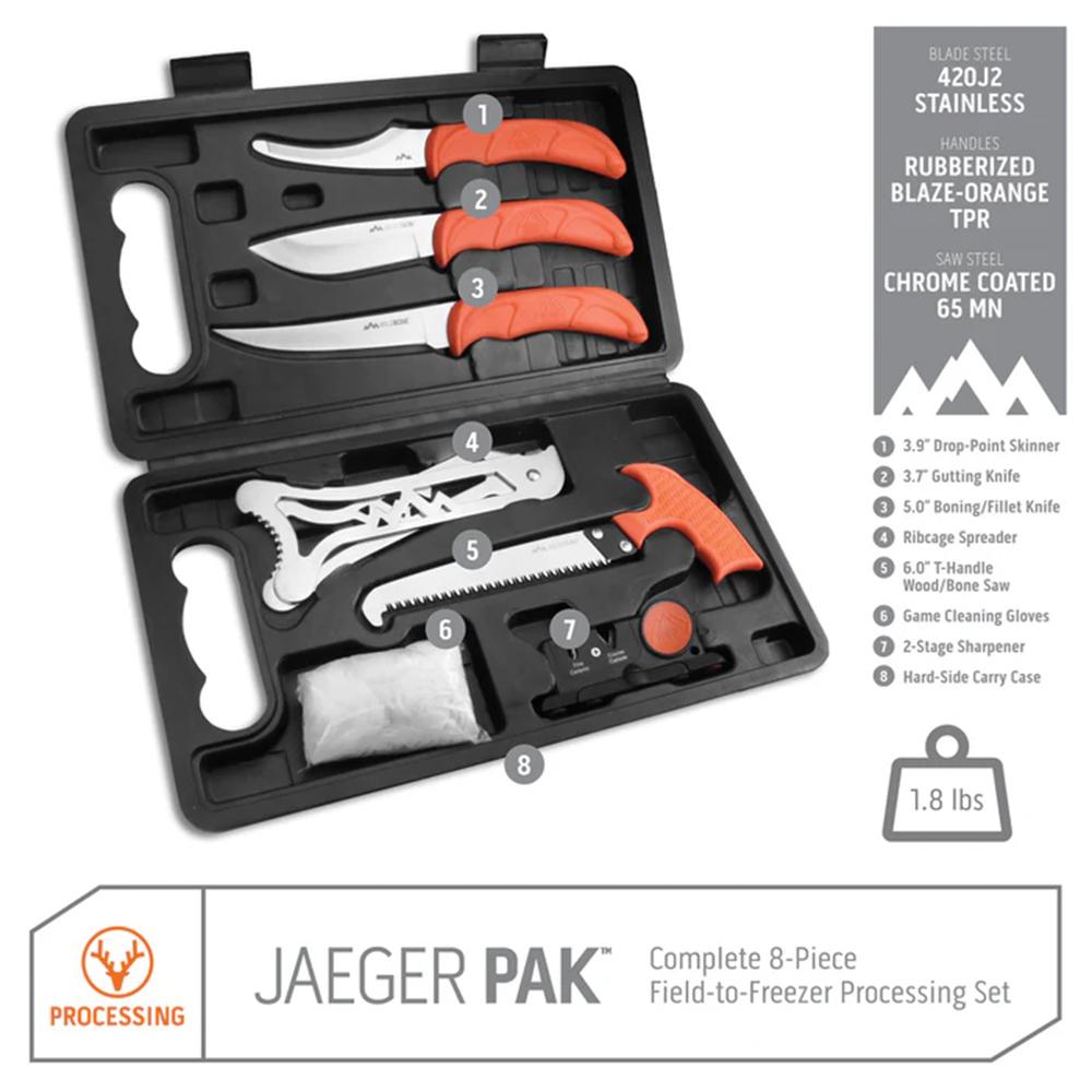 Outdoor Edge Jaeger Pak All-In-One 8-Piece Game Processing Kit Picture of Outdoor Edge Outdoor Edge Jager-Pak 8 Piece Knife Kit Blow Mold Case