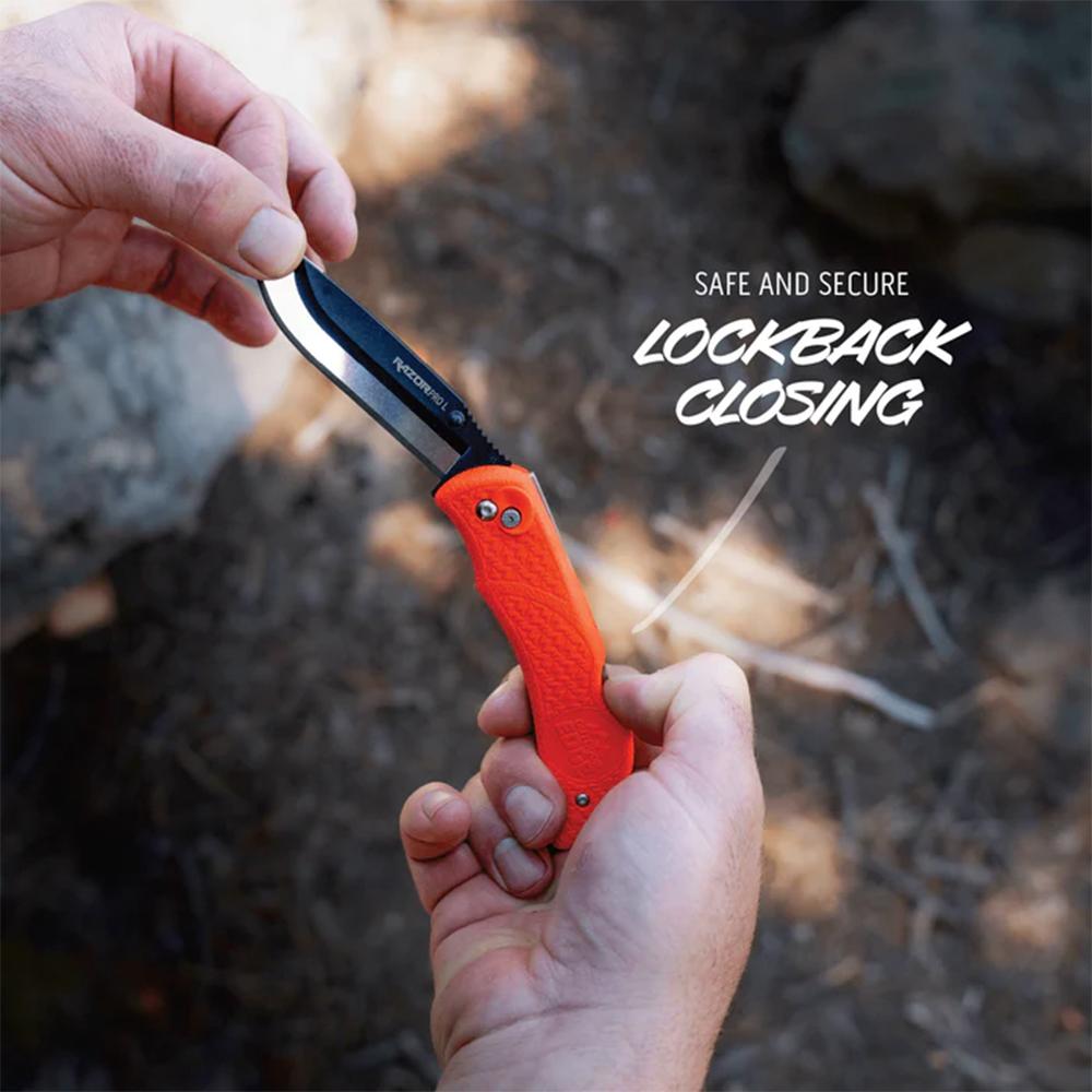 Outdoor Edge RazorPro L Replaceable Blade Folding Knife 3-1/2" Drop Point Blade Orange Clam Picture of Outdoor Edge RAZOR-BLAZE Orange-6 Blade)Clam