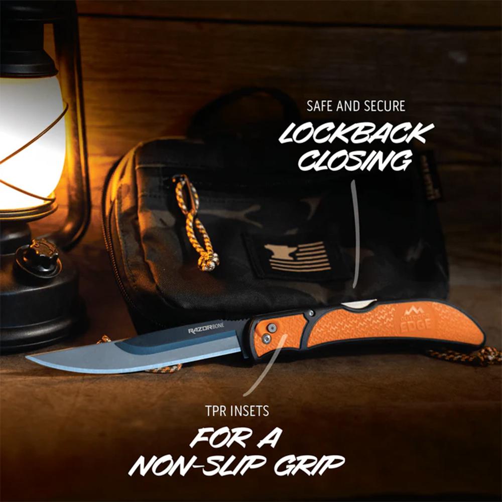Outdoor Edge Razorbone Replaceable Blade Folding Knife 5" Drop Point Blade Orange Picture of Outdoor Edge Outdoor Edge Razorbone Knife Orange 6 Blades