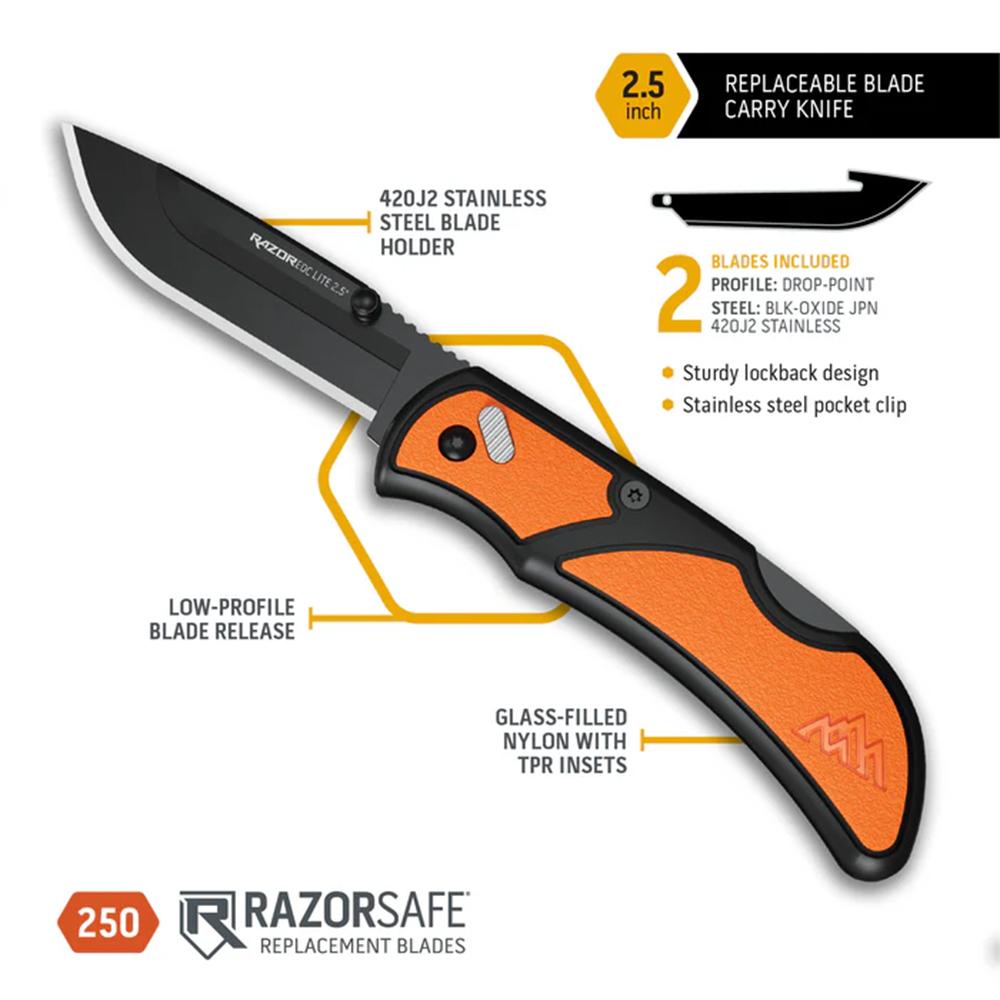 Outdoor Edge RazorEDC Lite Replaceable Blade Folding Knife 2-1/2" Drop Point Blade Orange Picture of Outdoor Edge Outdoor Edge 2.5'' Razor-Edc Lite Knife Orange 2 Black Drop Point Blades