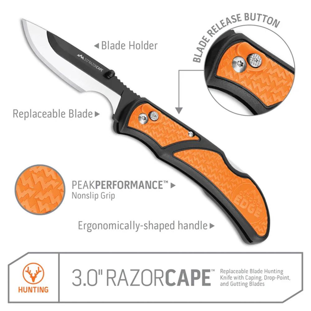 Outdoor Edge RazorCape Folding Knife 3" Drop Point Blades Orange Picture of Outdoor Edge Outdoor Edge 3.0'' Razor-Caping Knife Orange 6 Blades