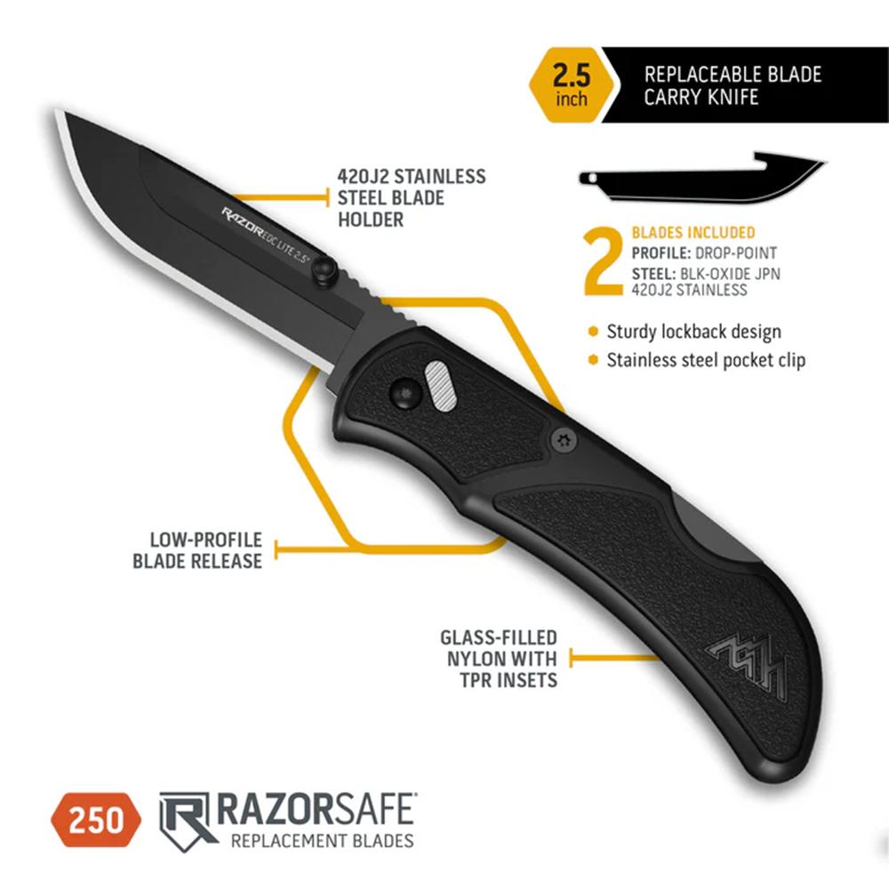 Outdoor Edge RazorEDC Lite Replaceable Blade Folding Knife 2-1/2" Drop Point Blade Black Picture of Outdoor Edge Outdoor Edge 2.5'' Razor-Edc Lite Knife Black 2 Black Drop Point Blades