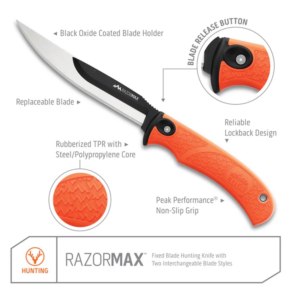 Outdoor Edge RazorMax Replaceable Fixed Knife 3-1/2" Drop Point Blade 5" Boning Blade Black Picture of Outdoor Edge Outdoor Edge Razormax Knife Black 3 Stainless Srop Point 3 Stainless Bone