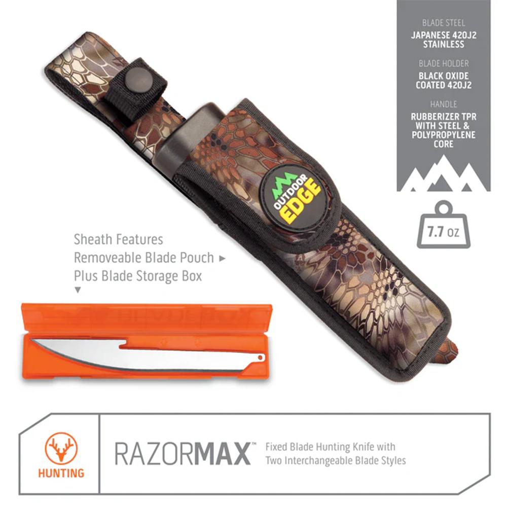 Outdoor Edge RazorMax Replaceable Fixed Knife 3-1/2" Drop Point Blade 5" Boning Blade Black Picture of Outdoor Edge Outdoor Edge Razormax Knife Black 3 Stainless Srop Point 3 Stainless Bone