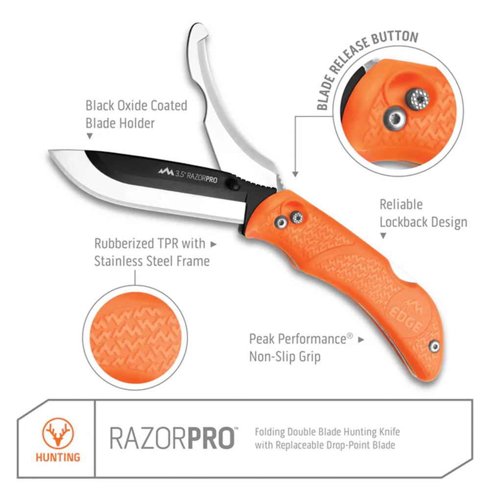Outdoor Edge RazorPro G Replaceable Blade Folding Hunting Knife 3-1/2" Drop Point Blade Orange Picture of Outdoor Edge Outdoor Edge 3.5'' Razor-Pro G Knife Orange 6 Stainless Drop Point Blades