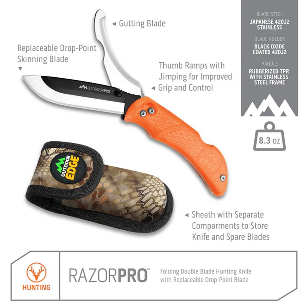 Outdoor Edge RazorPro G Replaceable Blade Folding Hunting Knife 3-1/2" Drop Point Blade Orange Picture of Outdoor Edge Outdoor Edge 3.5'' Razor-Pro G Knife Orange 6 Stainless Drop Point Blades