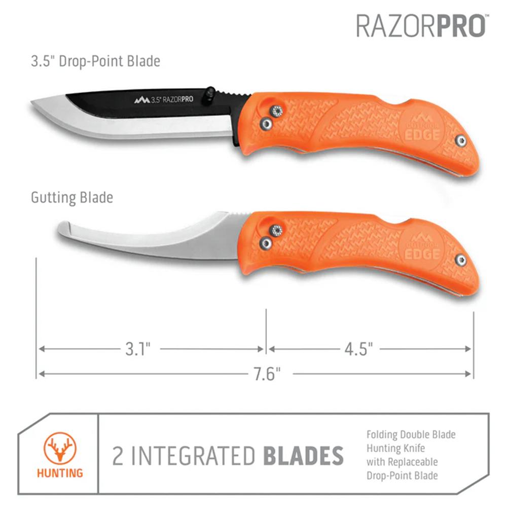 Outdoor Edge RazorPro G Replaceable Blade Folding Hunting Knife 3-1/2" Drop Point Blade Orange Picture of Outdoor Edge Outdoor Edge 3.5'' Razor-Pro G Knife Orange 6 Stainless Drop Point Blades