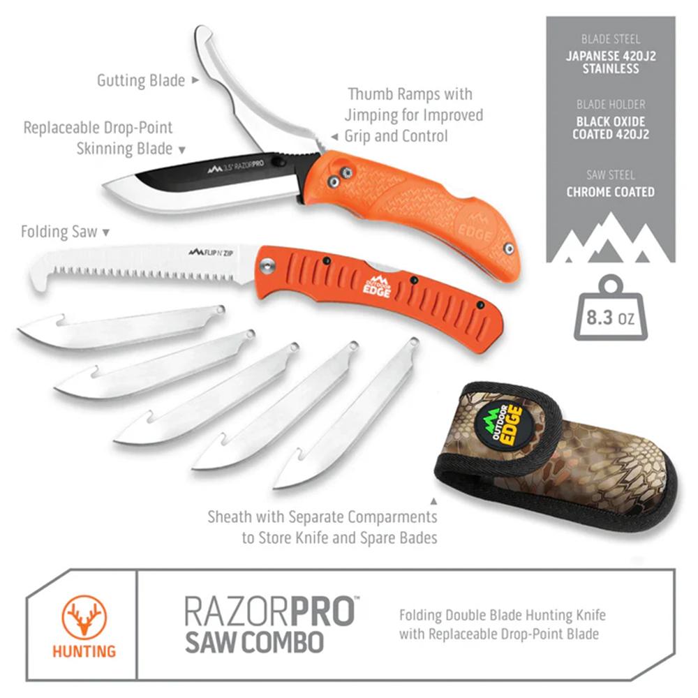 Outdoor Edge RazorPro G Saw Combo Hunting Knife & Folding Saw 3-1/2" Drop Point Blade Orange Picture of Outdoor Edge Outdoor Edge 3.5'' Razor-Pro G Knife /Saw Combo Orange 6 Blades
