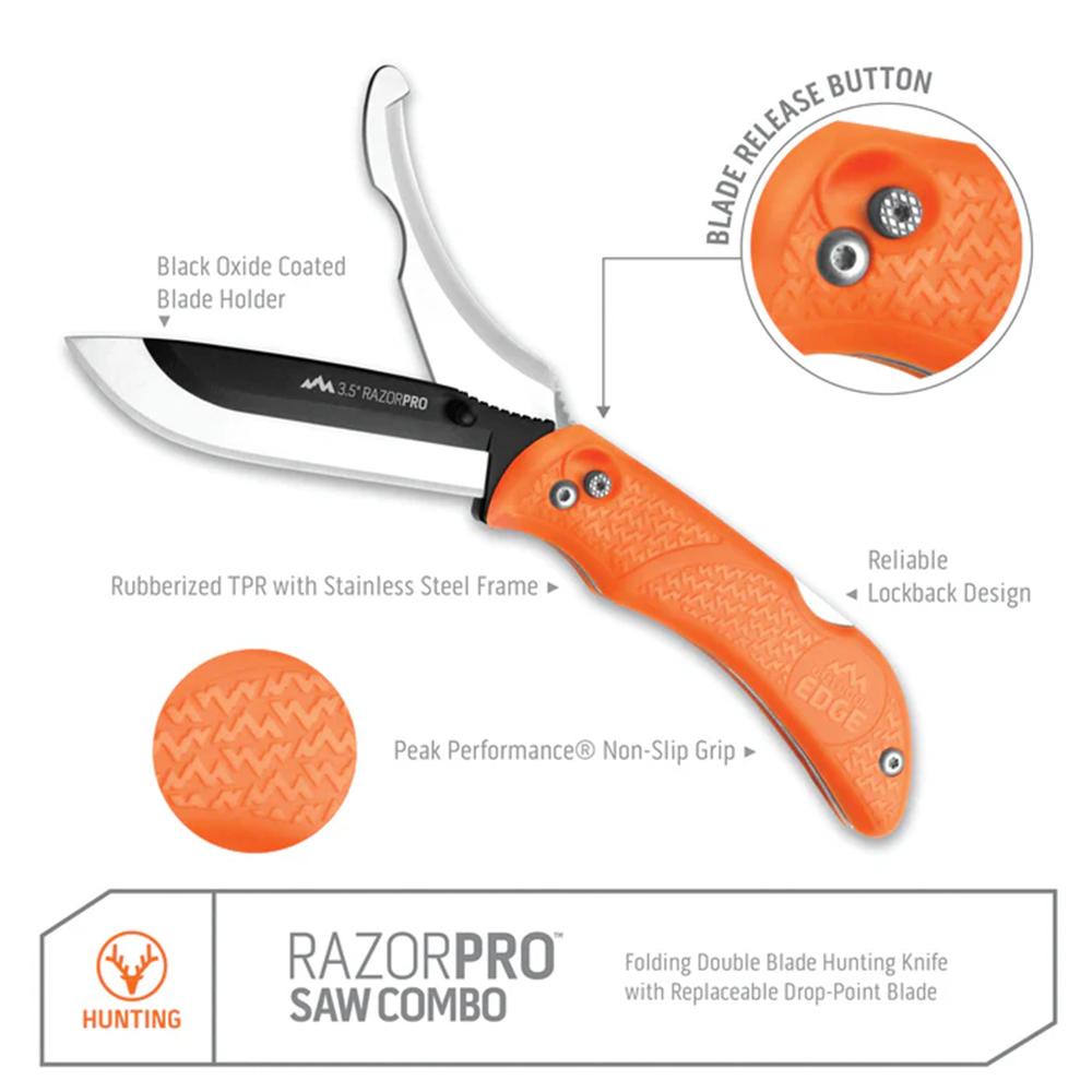 Outdoor Edge RazorPro G Saw Combo Hunting Knife & Folding Saw 3-1/2" Drop Point Blade Orange Picture of Outdoor Edge Outdoor Edge 3.5'' Razor-Pro G Knife /Saw Combo Orange 6 Blades
