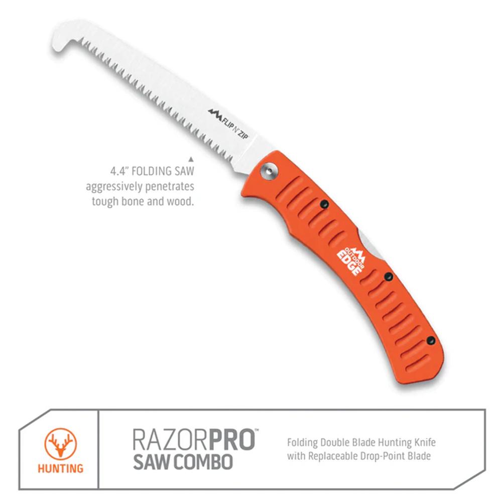 Outdoor Edge RazorPro G Saw Combo Hunting Knife & Folding Saw 3-1/2" Drop Point Blade Orange Picture of Outdoor Edge Outdoor Edge 3.5'' Razor-Pro G Knife /Saw Combo Orange 6 Blades