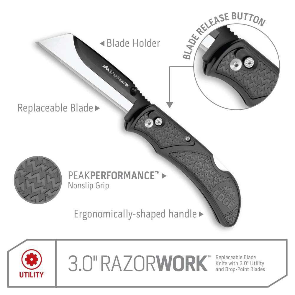 Outdoor Edge RazorWork Folding Knife with 3 3" Blades Black Picture of Outdoor Edge Outdoor Edge 3.0'' Razor-Work Knife Gray 3 Stainless Utility Blades