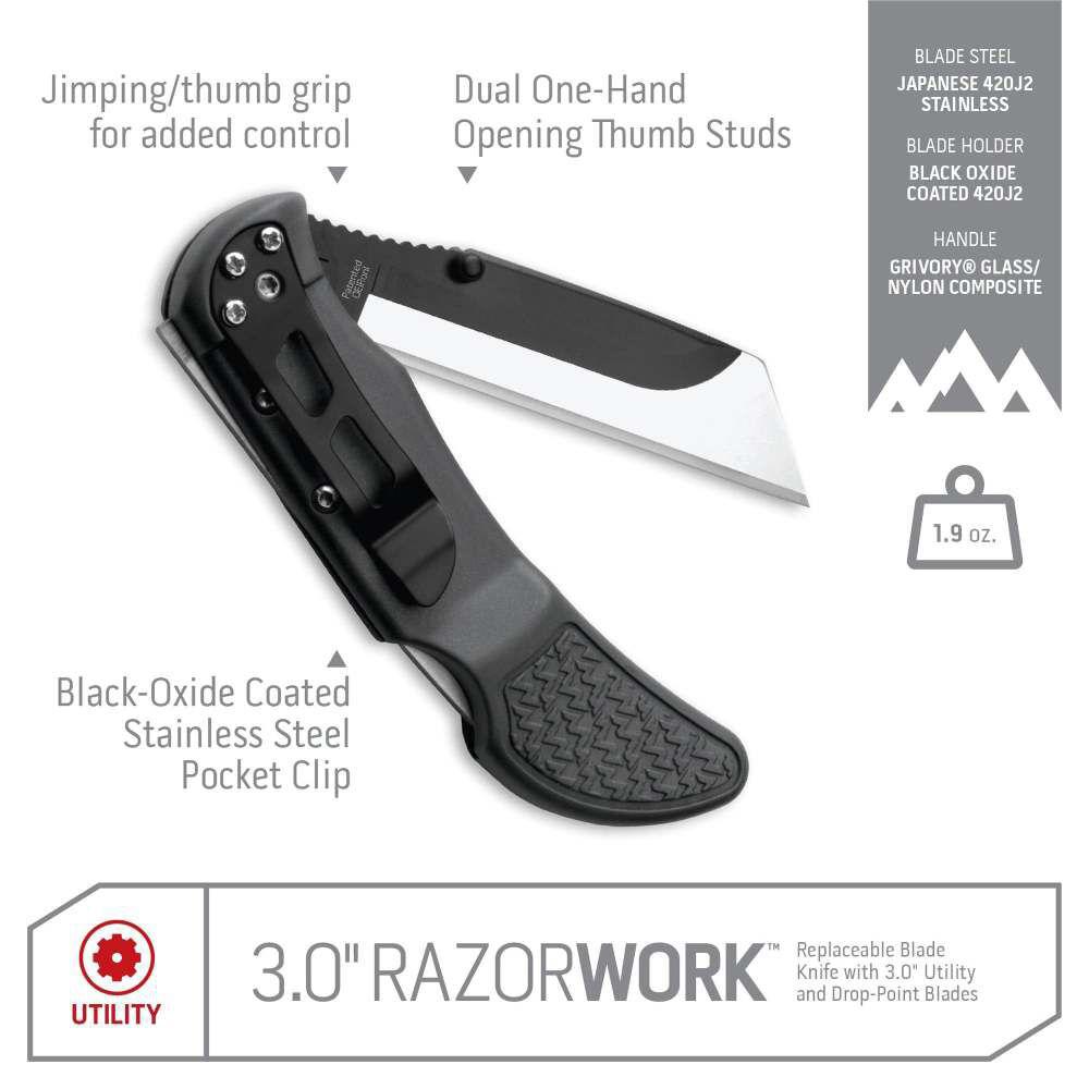 Outdoor Edge RazorWork Folding Knife with 3 3" Blades Black Picture of Outdoor Edge Outdoor Edge 3.0'' Razor-Work Knife Gray 3 Stainless Utility Blades