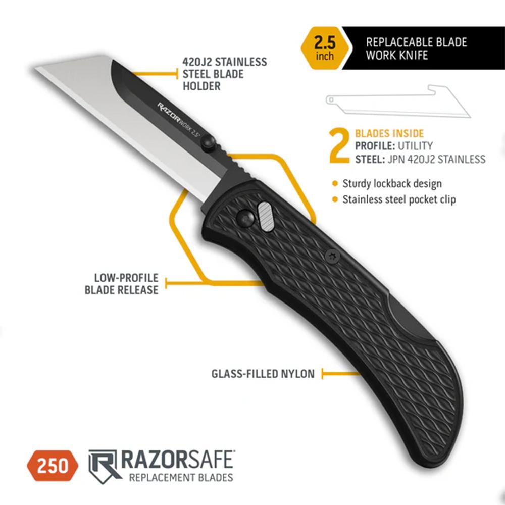 Outdoor Edge Razor-Work Knife 2-1/2" Blade Black with 2 Utility Blades Picture of Outdoor Edge Outdoor Edge 2.5'' Razor-Work Knife Black 2 Stainless Utility Blades