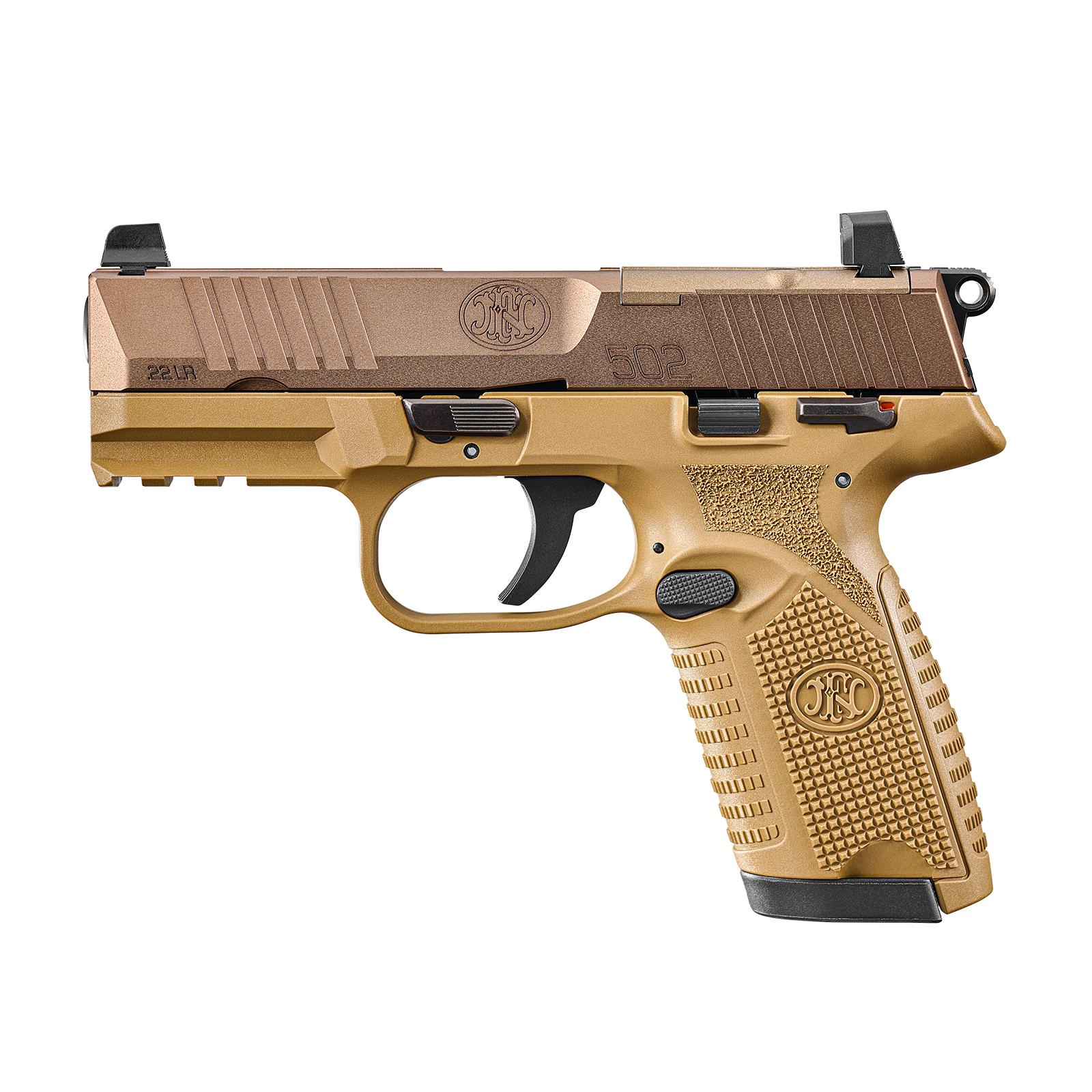 FN 502 MRD CA Compliant Handgun .22 LR 10rd Magazines(2) 4" Barrel FDE Optic Ready Picture of FN USA FN 502 MRD CA 22lr 4in FDE/FDE (2)10rd OR