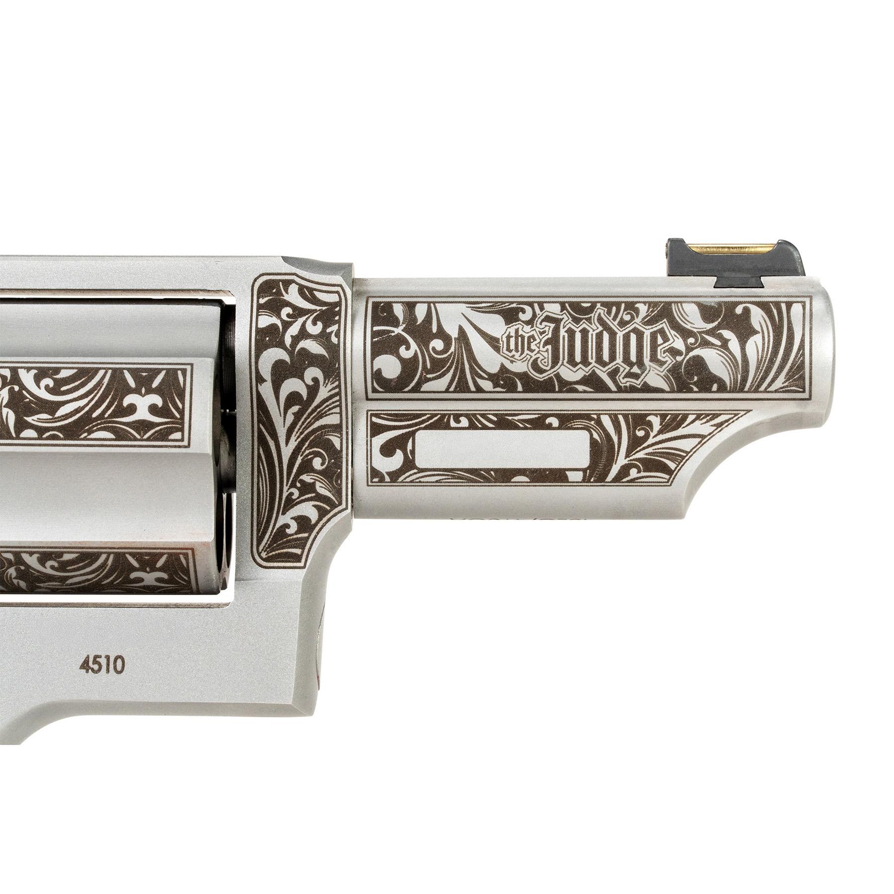 Taurus Judge 20th Anniversary Handgun .45 Colt/410ga 5rd Capacity 3" Barrel Engraved Stainless Wood Grips Picture of Taurus International Inc. TAURUS JUDGE .45 COLT/.410 GA SS 3'' 5S 20 YR
