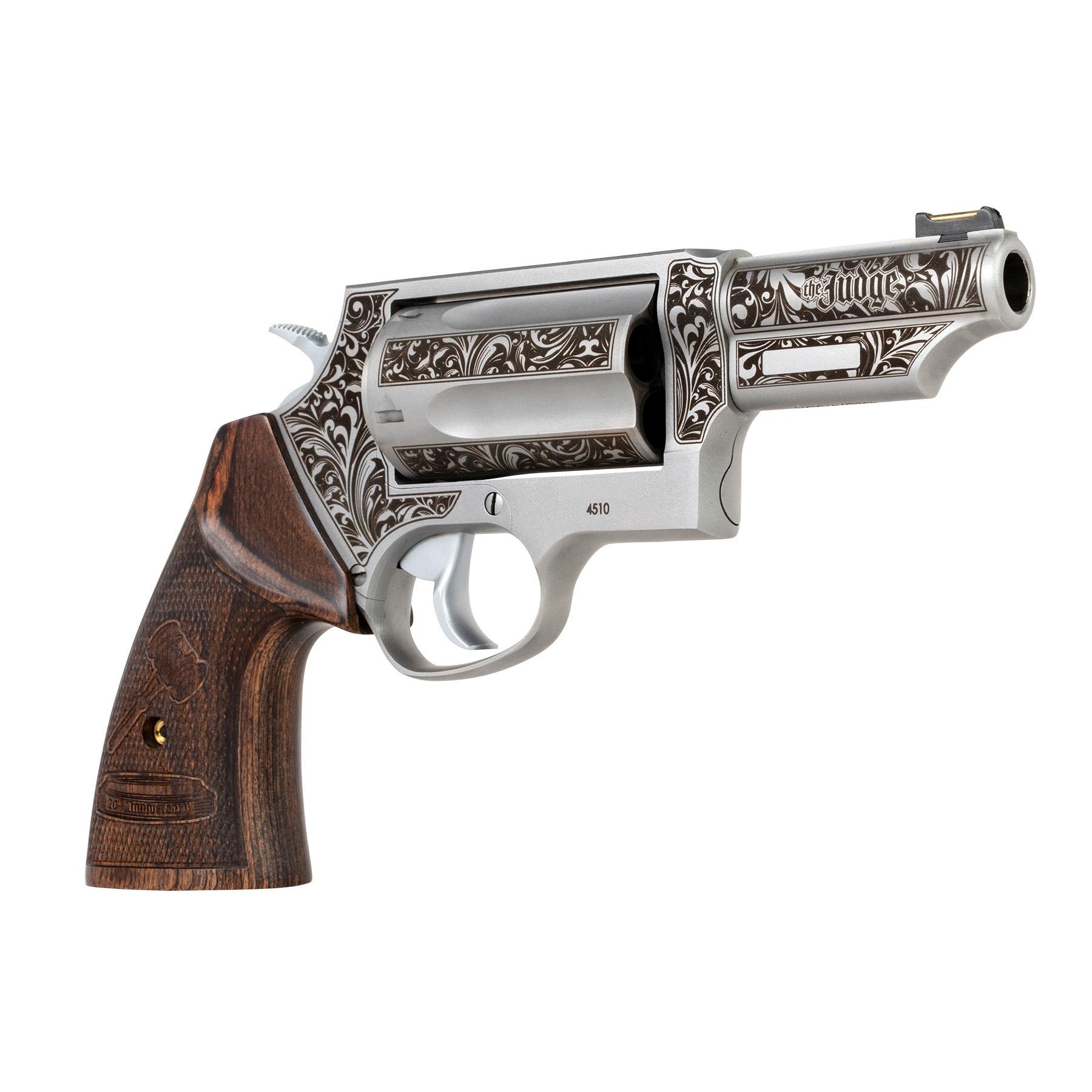 Taurus Judge 20th Anniversary Handgun .45 Colt/410ga 5rd Capacity 3" Barrel Engraved Stainless Wood Grips Picture of Taurus International Inc. TAURUS JUDGE .45 COLT/.410 GA SS 3'' 5S 20 YR