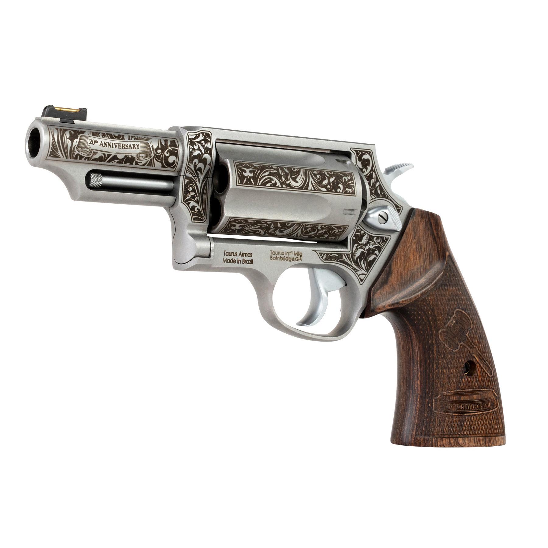 Taurus Judge 20th Anniversary Handgun .45 Colt/410ga 5rd Capacity 3" Barrel Engraved Stainless Wood Grips Picture of Taurus International Inc. TAURUS JUDGE .45 COLT/.410 GA SS 3'' 5S 20 YR