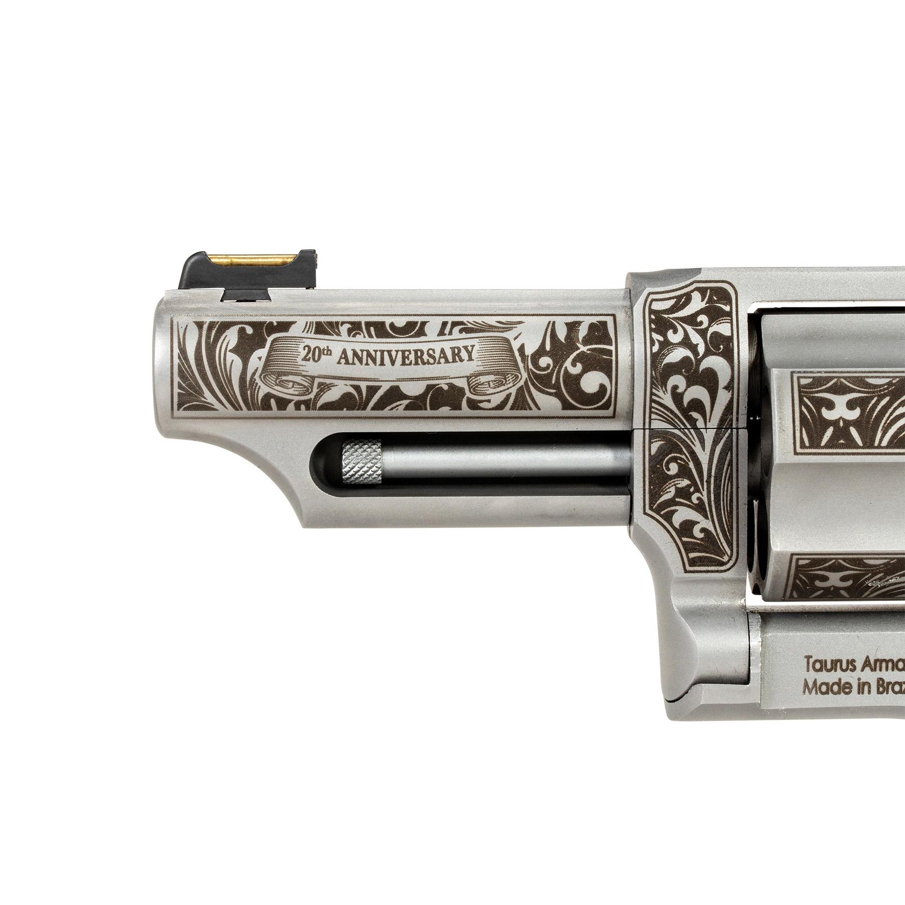 Taurus Judge 20th Anniversary Handgun .45 Colt/410ga 5rd Capacity 3" Barrel Engraved Stainless Wood Grips Picture of Taurus International Inc. TAURUS JUDGE .45 COLT/.410 GA SS 3'' 5S 20 YR