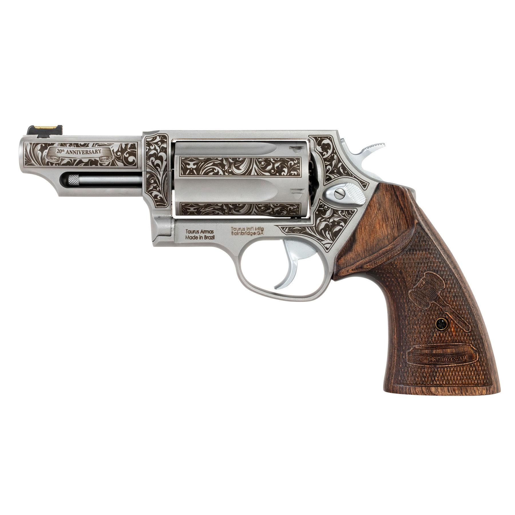 Taurus Judge 20th Anniversary Handgun .45 Colt/410ga 5rd Capacity 3" Barrel Engraved Stainless Wood Grips Picture of Taurus International Inc. TAURUS JUDGE .45 COLT/.410 GA SS 3'' 5S 20 YR