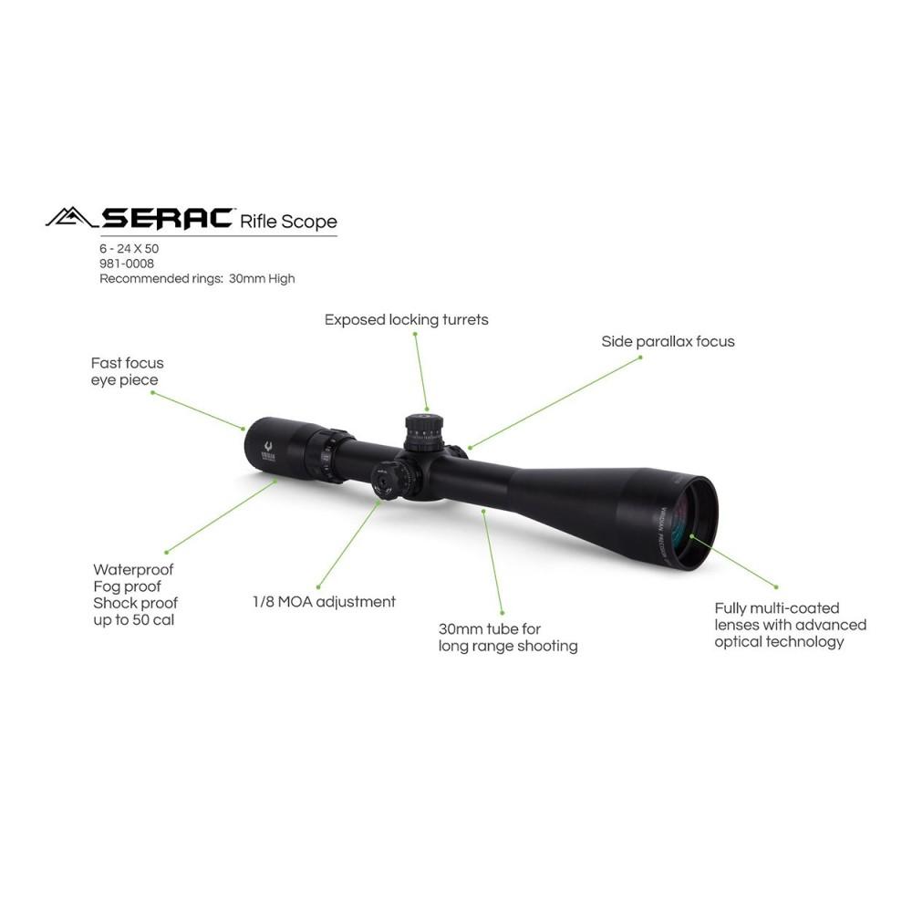 Viridian Serac Rifle Scope 6-24x50 30mm SFP Etched VFD-2 Black Picture of Viridian Green Laser Viridian Serac RifleScope 6-24x50 SF Reticle Retail Box