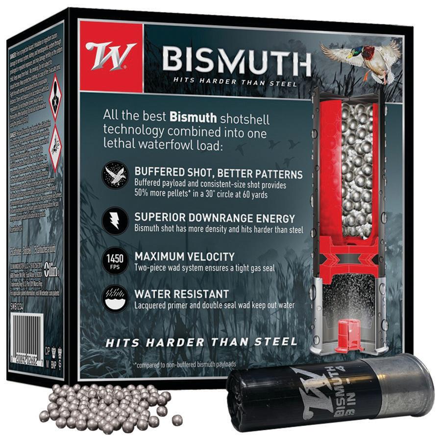 Winchester Bismuth Shotgun Ammunition 12 ga 3 #4 1-3/8 oz 1450 fps 25/ct Picture of Winchester Ammunition 12 GA 3 #4 BISMUTH 1-3/8 OZ 25 Rounds