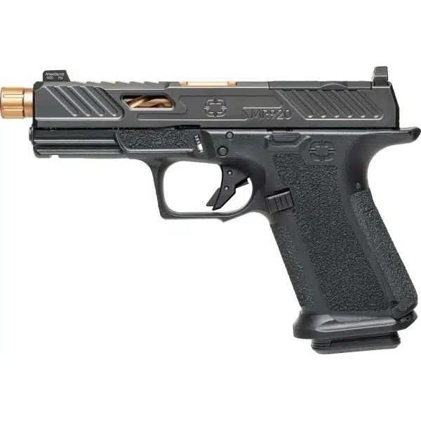 Shadow Systems MR920 Elite Optic Ready Handgun 9mm Luger 10rd Magazines(2) 4.5" Threaded Bronze Barrel Night Sights MA Compliant Picture of Shadow Systems dba Shadow Gunworks MR920 9mm Blk Frm ELITE Slide OR Thrd BBl Brz SS Rod Grn Trit 1D 10Rd MA