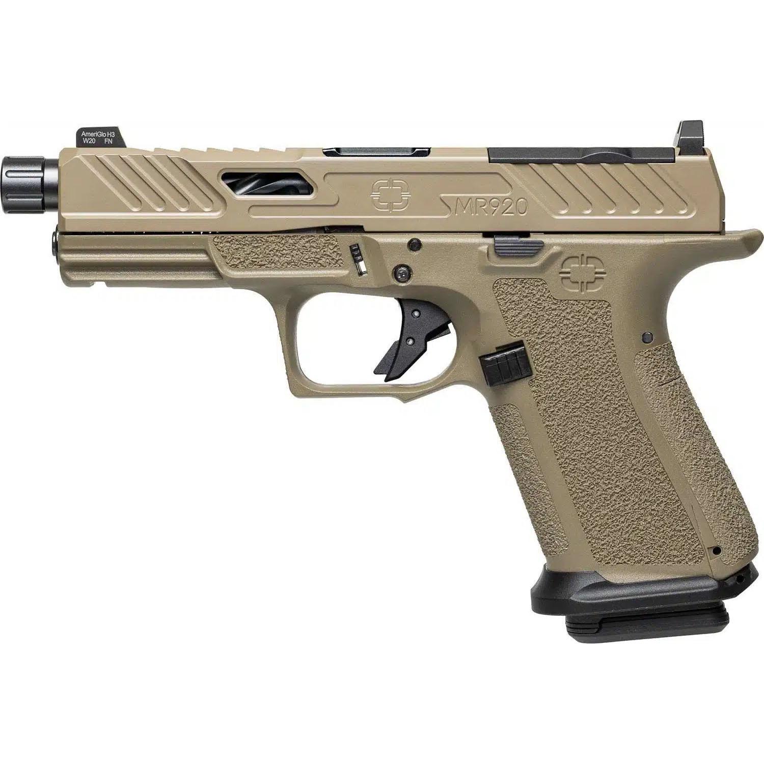 Shadow Systems MR920 Elite Optic Ready FDE Handgun 9mm Luger 10rd Magazines(2) 4.5" Threaded Stainless Barrel Night Sights MA Compliant Picture of Shadow Systems dba Shadow Gunworks MR920 9mm Blk Frm ELITE Slide OR Thrd BBl Blk SS Rod Grn Trit 1D 10Rd MA