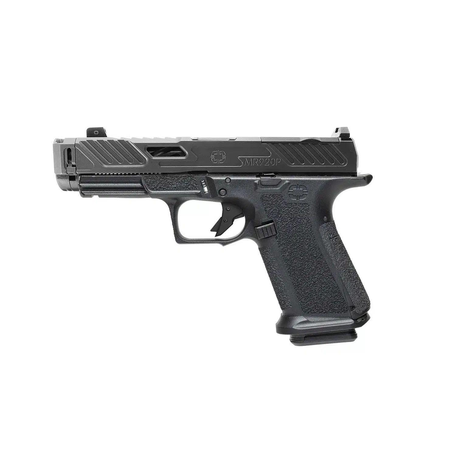 Shadow Systems MR920P Elite Optic Ready Handgun 9mm Luger 15rd Magazines(2) 4.25" Spiral Comp Barrel Night Sights Picture of Shadow Systems dba Shadow Gunworks MR920P 9mm Blk Frm ELITE Slide OR Blk Sprl Comp BBl Blk SS Rod Grn Trit 1D