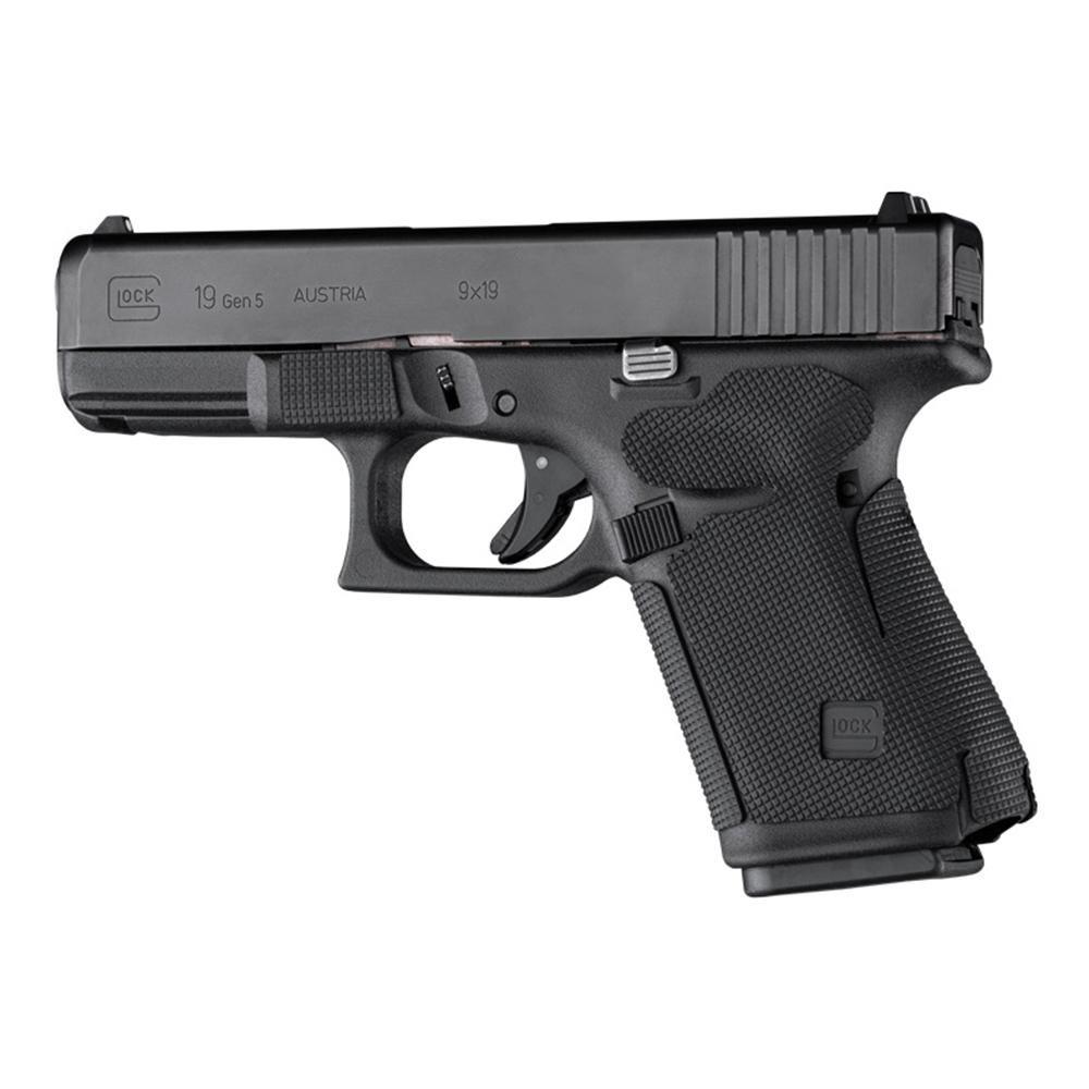 Hogue Wrapter Adhesive Grip Glock 19/19 MOS/44 (Gen 5) No Backstrap Rubber Block Texture Black Picture of Hogue Inc. Glk 19/MOS 44 Wrptr Rbr Adhs Grp Blck Text Blk Sm Frm Comp Gen 5 Sm Bckstrp