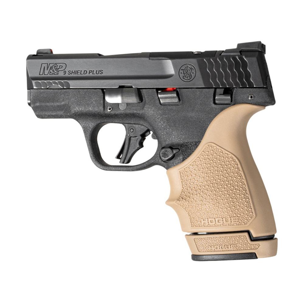 Hogue OverMolded Rubber Grip Extension Base Pad for S&W M&P 9 Shield Plus 13rd Magazines FDE Picture of Hogue Inc. S&W M&P Shield Plus 9mm OverMolded Rbr Grip Ext Base Pad for 13 Rd Mag FDE