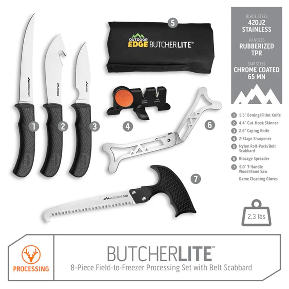 Outdoor Edge ButcherLite Game Processing Kit 8-Piece Game Processing Kit Picture of Outdoor Edge Outdoor Edge Butcher-Lite 8 Piece Processing Knife Set Roll Pack