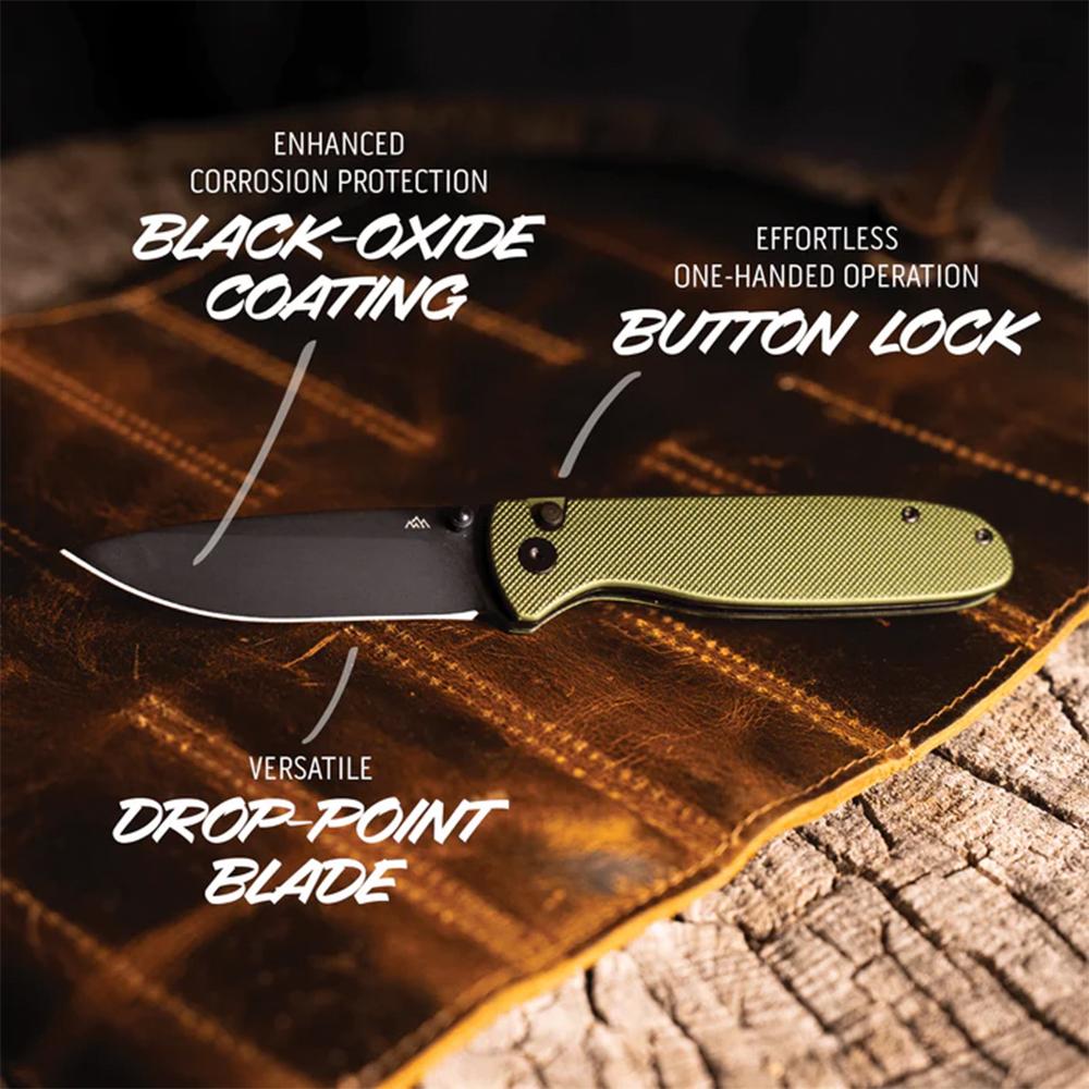 Outdoor Edge Dirk Folding Knife 3-1/4" Drop Point Blade Green Picture of Outdoor Edge Outdoor Edge Dirk Knife Green Anodized Alum. Black 8Cr Blade Button Lock