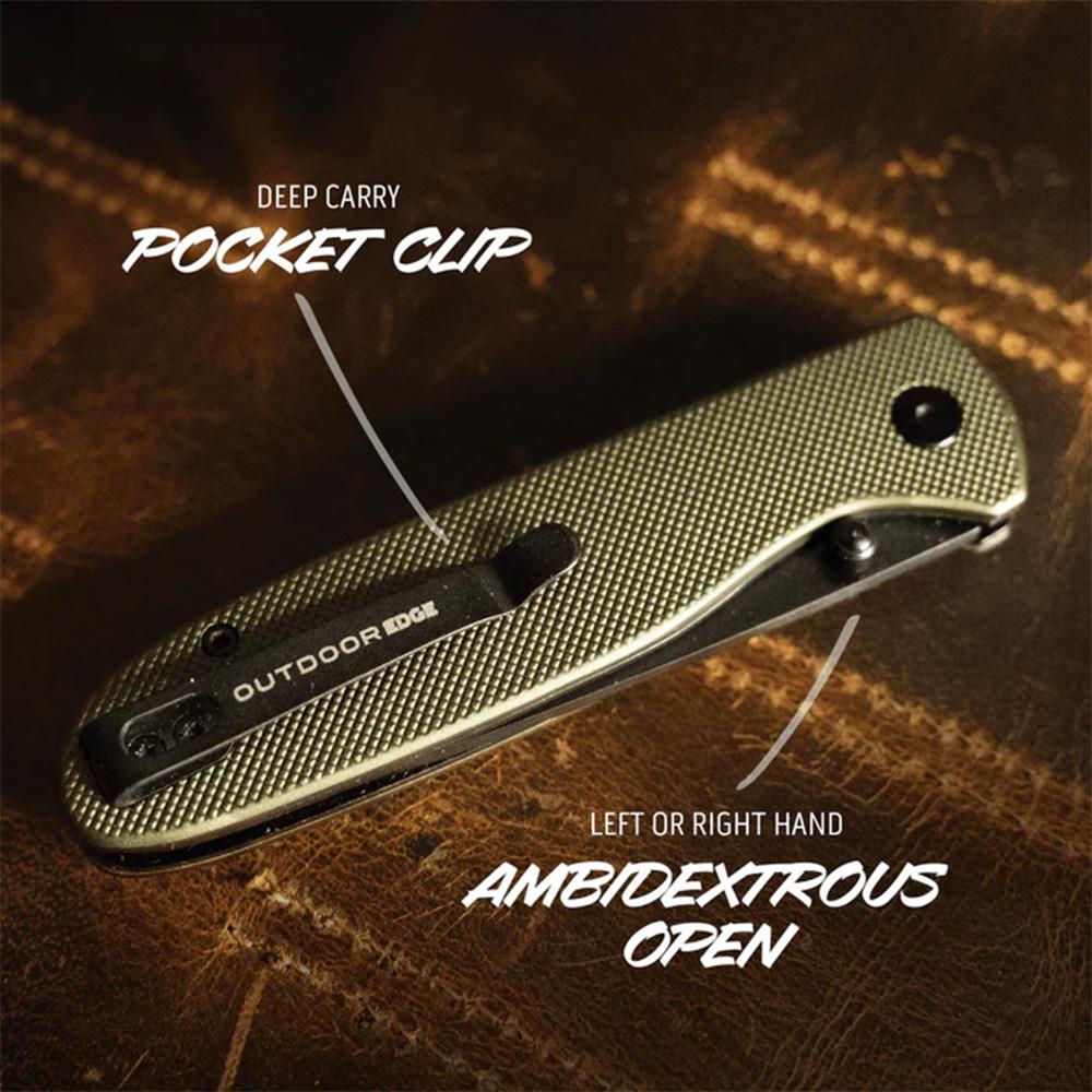 Outdoor Edge Dirk Folding Knife 3-1/4" Drop Point Blade Green Picture of Outdoor Edge Outdoor Edge Dirk Knife Green Anodized Alum. Black 8Cr Blade Button Lock