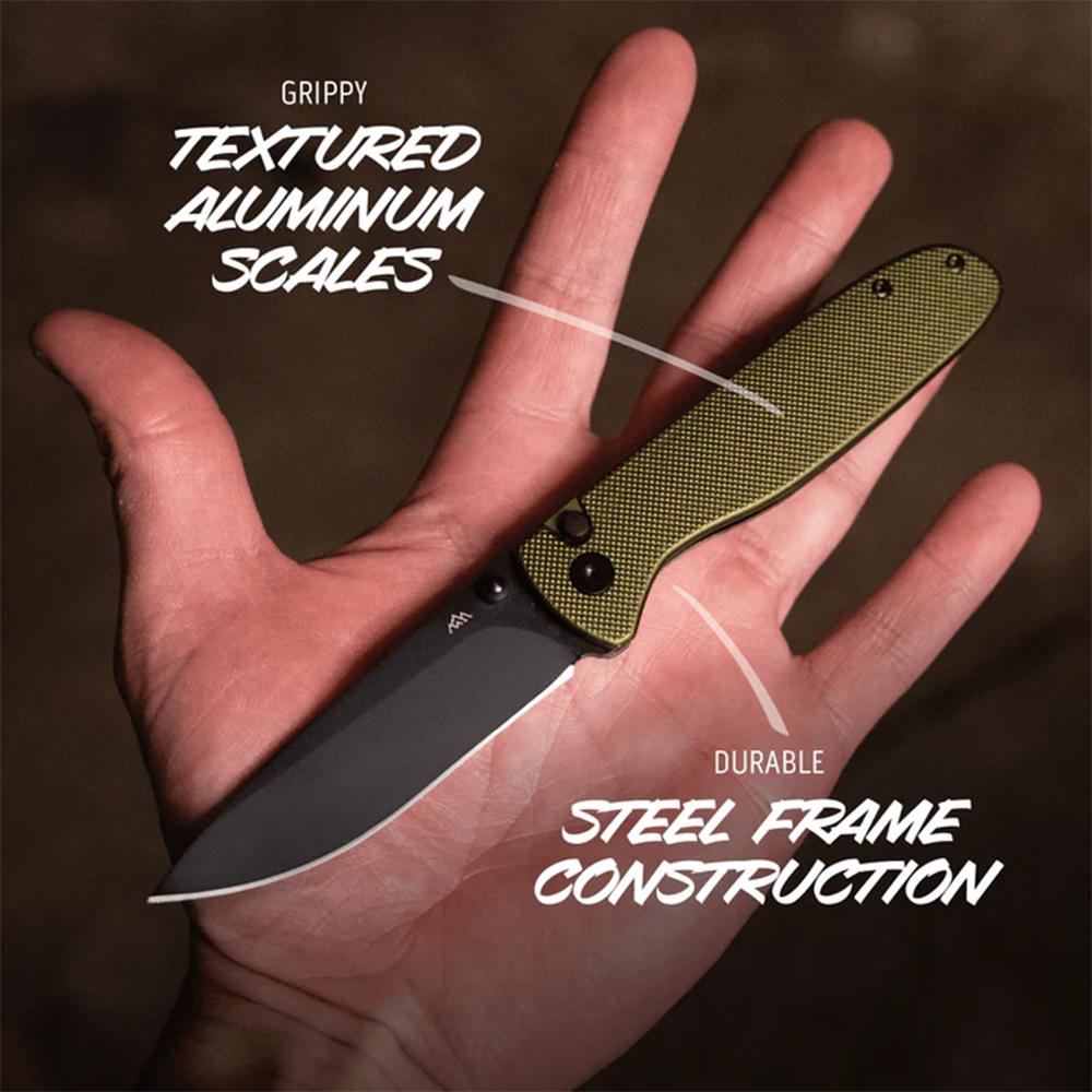 Outdoor Edge Dirk Folding Knife 3-1/4" Drop Point Blade Green Picture of Outdoor Edge Outdoor Edge Dirk Knife Green Anodized Alum. Black 8Cr Blade Button Lock