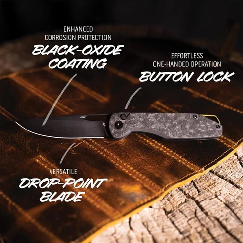 Outdoor Edge Kaytan Folding Knife 3-3/10" Drop Point Blade Black Picture of Outdoor Edge Outdoor Edge Kaytan Knife Solid Forged Carbon Black 8Cr Blade Button Lock