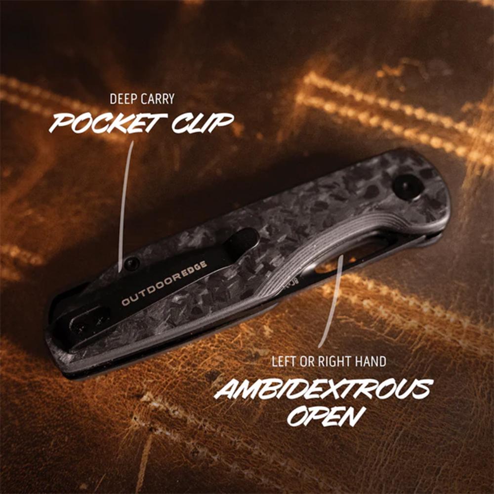 Outdoor Edge Kaytan Folding Knife 3-3/10" Drop Point Blade Black Picture of Outdoor Edge Outdoor Edge Kaytan Knife Solid Forged Carbon Black 8Cr Blade Button Lock