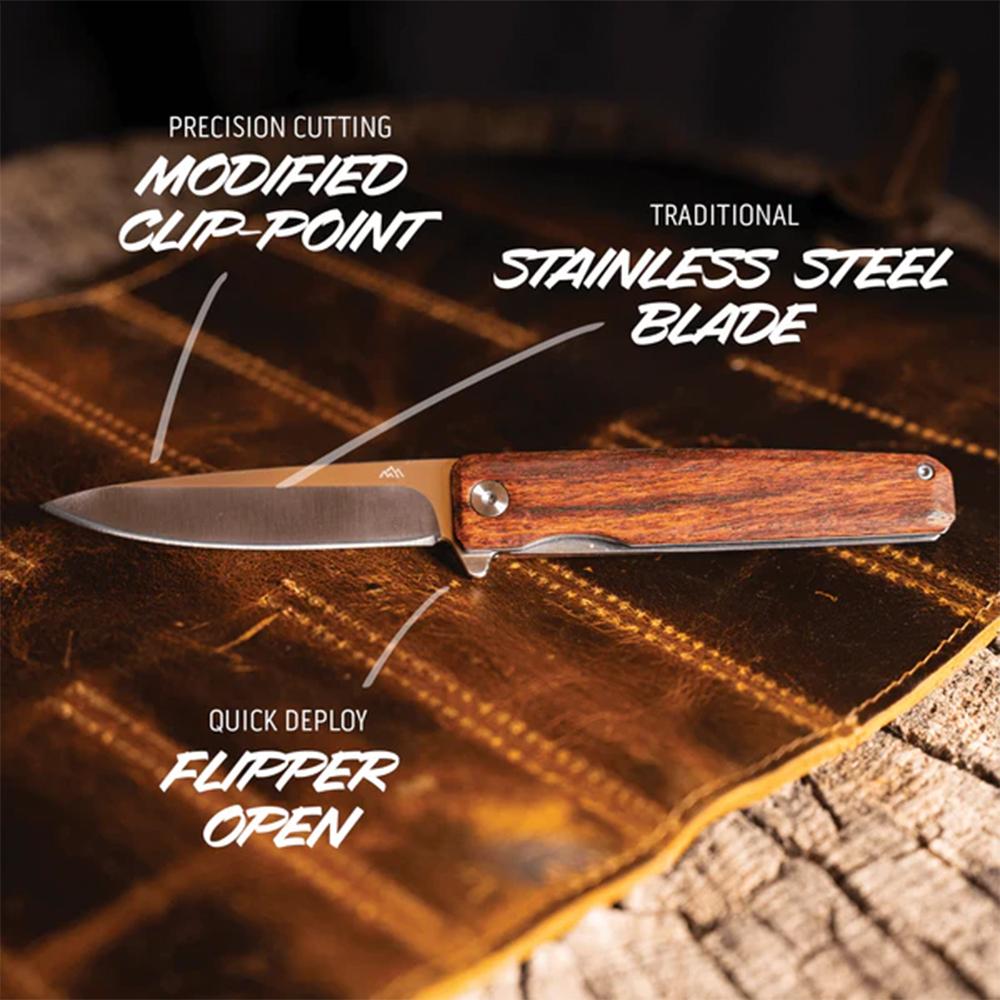 Outdoor Edge Peleus Folding Knife 3-3/10" Clip Point Blade Wood Picture of Outdoor Edge Outdoor Edge Peleus Knife Wood Stainless 8Cr Blade Liner Lock
