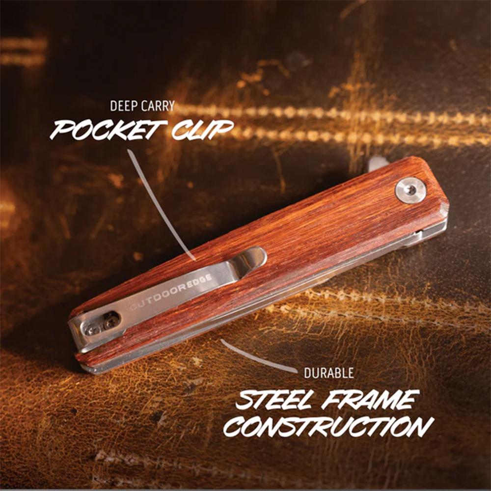 Outdoor Edge Peleus Folding Knife 3-3/10" Clip Point Blade Wood Picture of Outdoor Edge Outdoor Edge Peleus Knife Wood Stainless 8Cr Blade Liner Lock