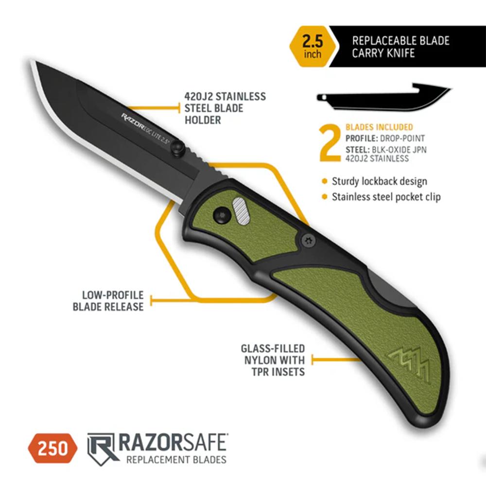 Outdoor Edge RazorEDC Lite Replaceable Blade Folding Knife 2-1/2" Drop Point Blade Green Picture of Outdoor Edge Outdoor Edge 2.5'' Razor-Edc Lite Knf Olive Drab 2 Blk Drop Point Blades