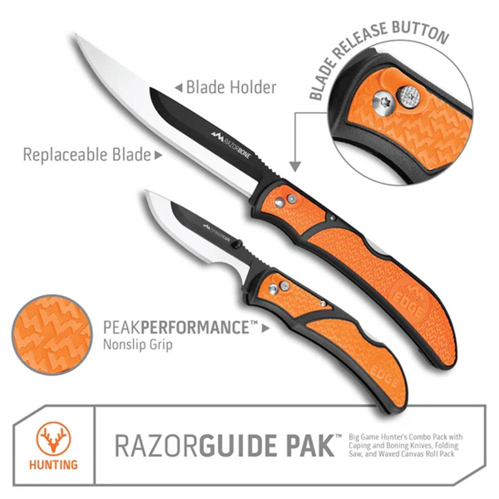 Outdoor Edge RazorGuide Pak Lightweight Replaceable Blade Hunting Knife Kit Picture of Outdoor Edge Outdoor Edge Razorguide Pak 2 Knife & Saw Combo 2-3.5'' Stnlss Drop Point