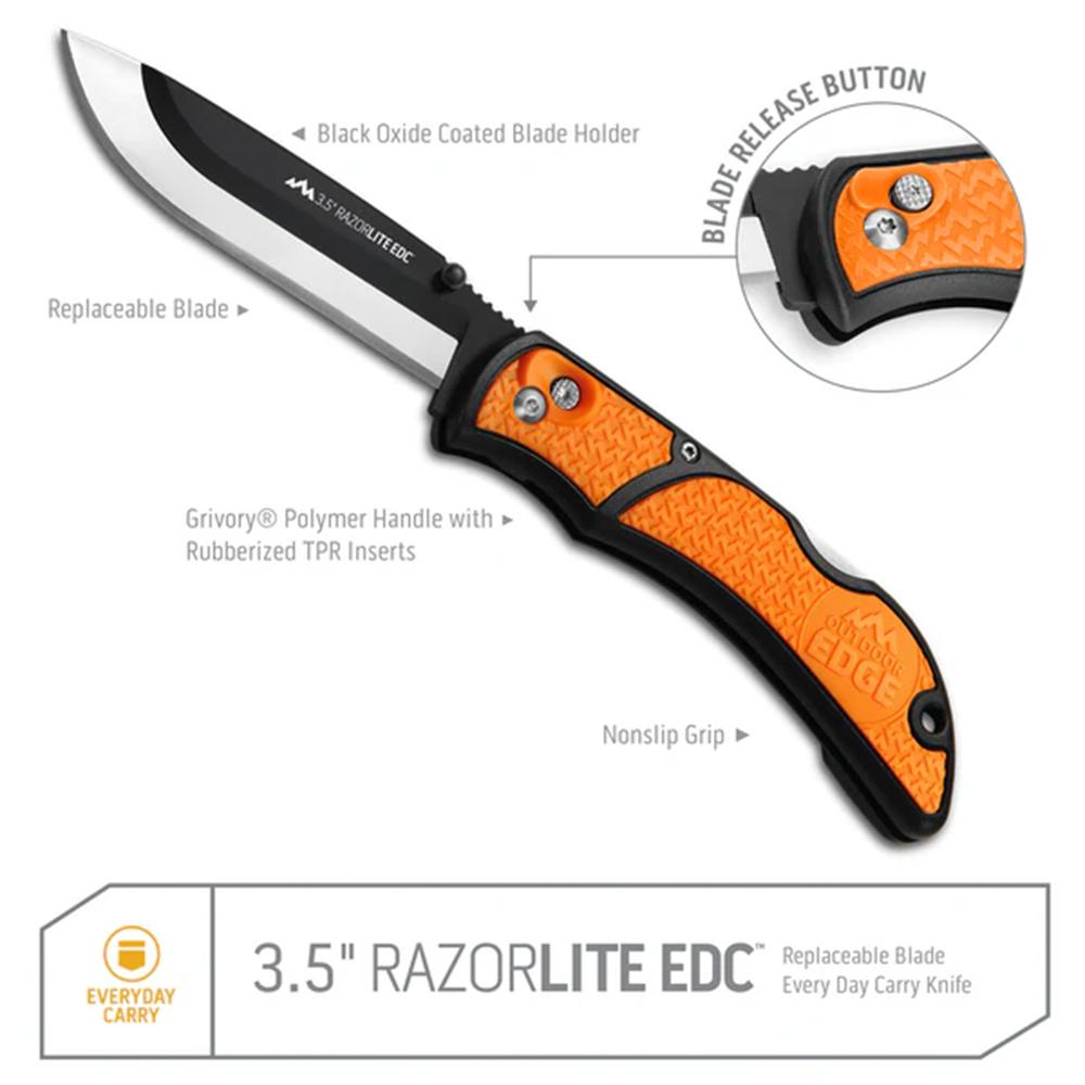 Outdoor Edge RazorEDC Lite Replaceable Blade Folding Knife 3-1/2" Drop Point Blade Grey Picture of Outdoor Edge Outdoor Edge 3.5'' Razor-Edc Lite Knife Gray 6 Stainless Drop Point Blades