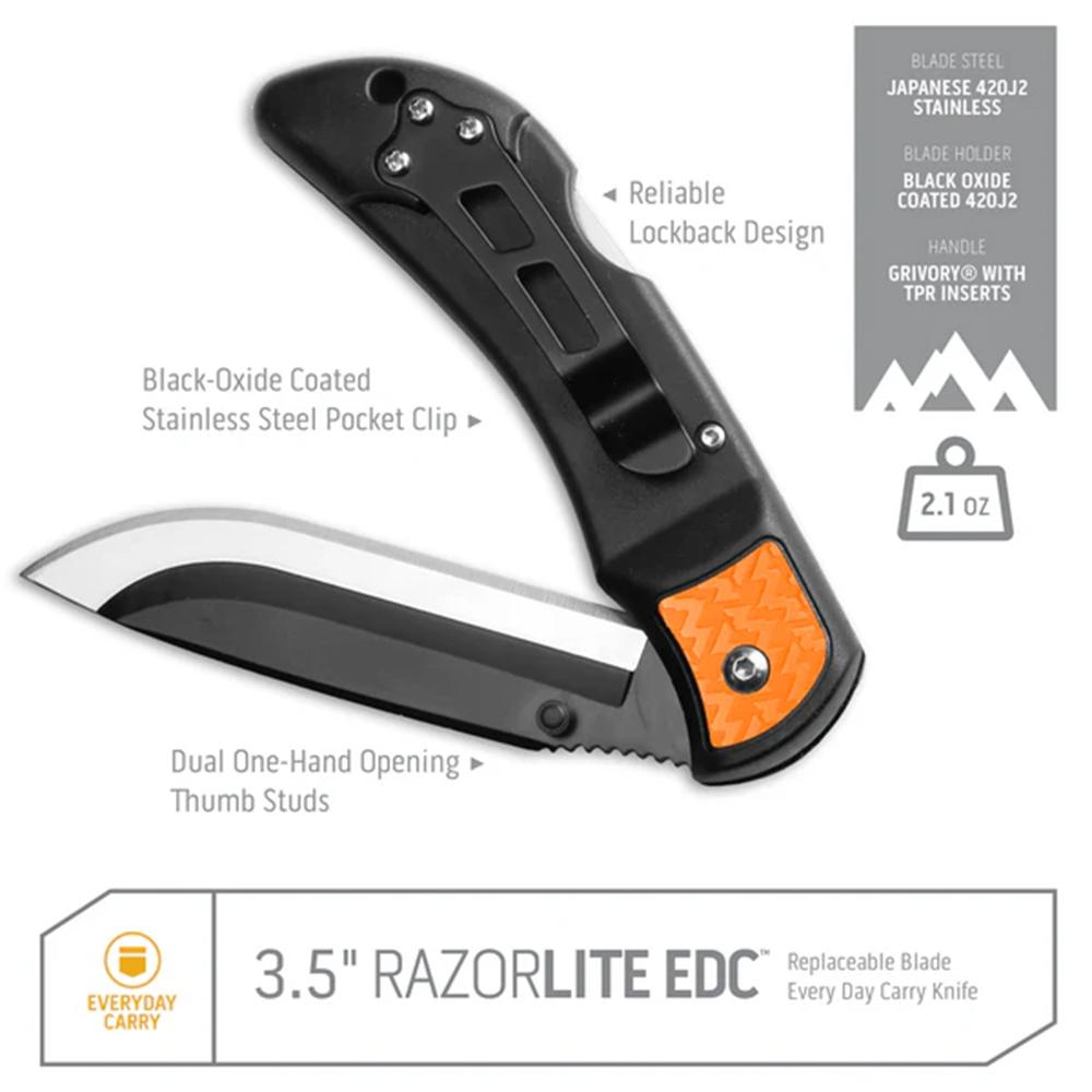 Outdoor Edge RazorEDC Lite Replaceable Blade Folding Knife 3-1/2" Drop Point Blade Grey Picture of Outdoor Edge Outdoor Edge 3.5'' Razor-Edc Lite Knife Gray 6 Stainless Drop Point Blades