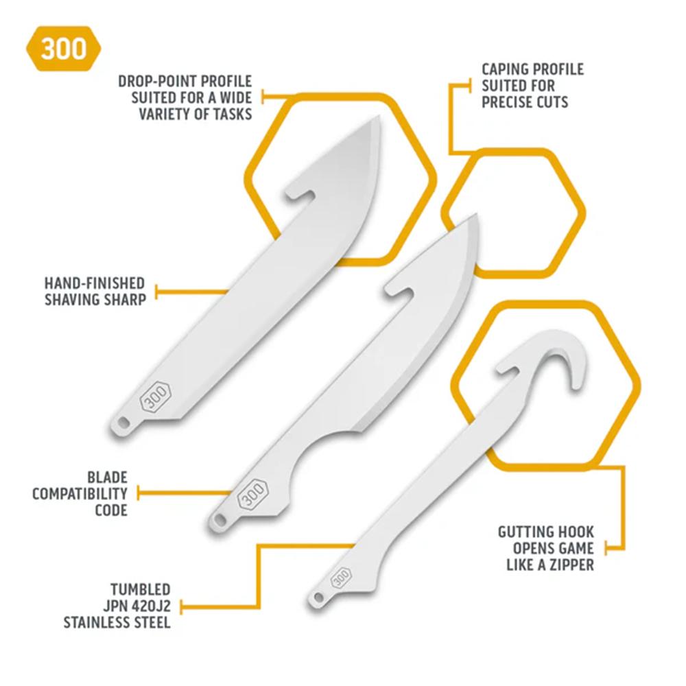 Outdoor Edge 3.0" Combo Blade Pack 6/ct Picture of Outdoor Edge Outdoor Edge 3.0'' Cmbo Bld Pck Stnlss 3 Drp Pnt 2 Caping 1 Gutting