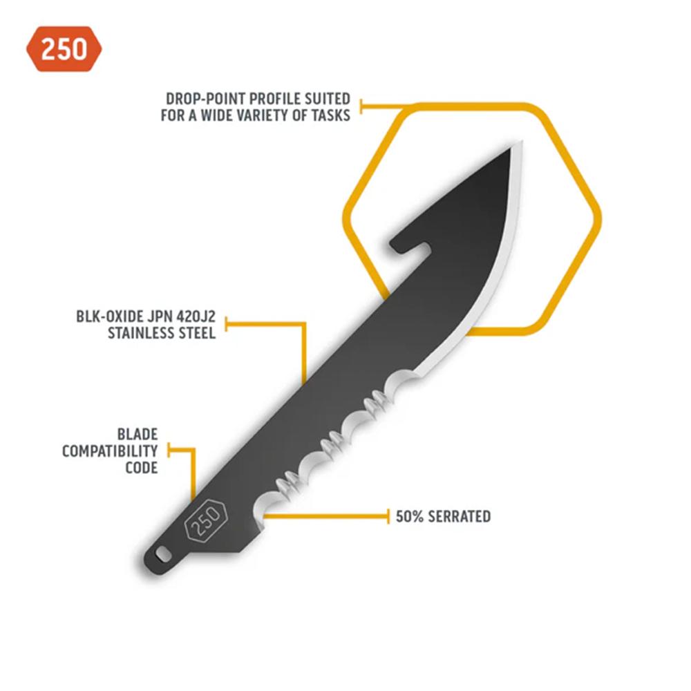 Outdoor Edge 2-1/5" Drop Point Blade Pack Half Serration Black 6/ct Picture of Outdoor Edge Outdoor Edge 2.5'' Drop-Point Blade Pack 50% Serr. Black 6 Blades
