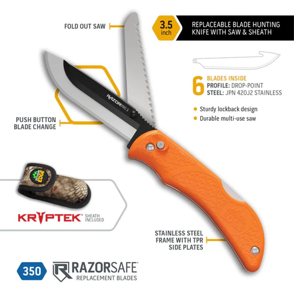 Outdoor Edge RazorPro S Replaceable Blade Folding Knife 3-1/2" Drop Point Blade with Fold Out Saw Orange Picture of Outdoor Edge Outdoor Edge 3.5'' Razor-Pro S Knife Orange 6 Stainless Drop Point Blades