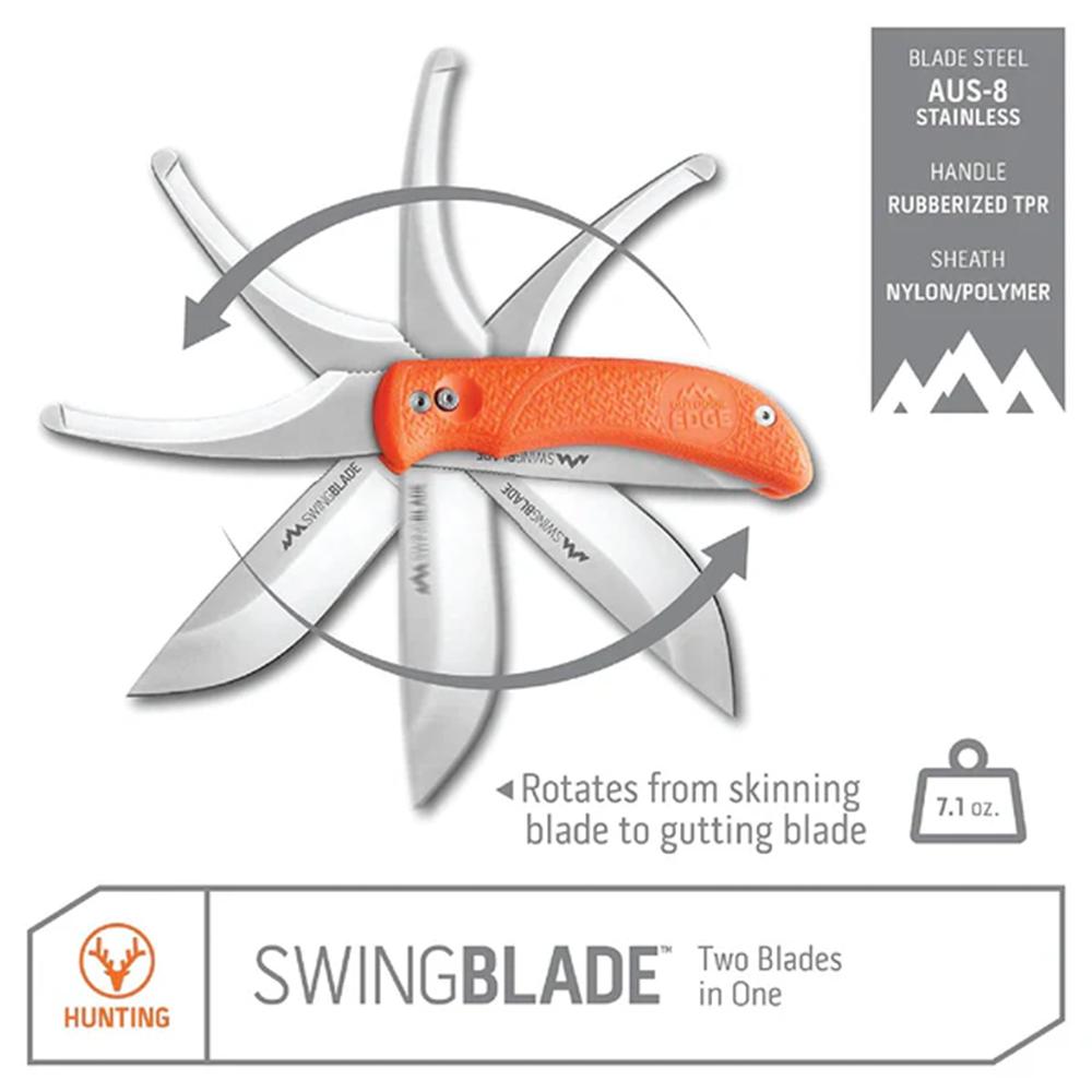Outdoor Edge Swingblade Rotating Dual-Blade Hunting Knife 3-3/5" Drop Point Blade 3-1/5" Gutting Orange Picture of Outdoor Edge Outdoor Edge Swingblade Knife Orange Rotating Huting Knife W/ Sheath