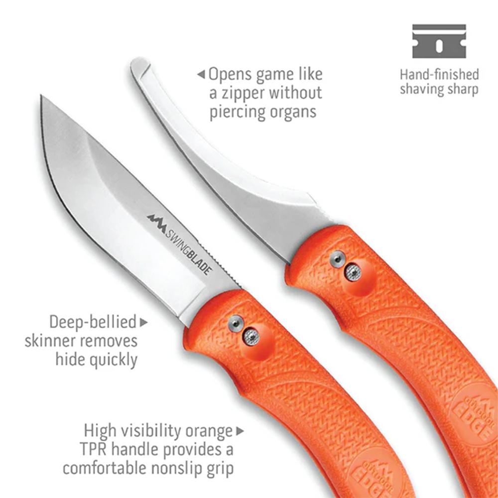 Outdoor Edge Swingblade Rotating Dual-Blade Hunting Knife 3-3/5" Drop Point Blade 3-1/5" Gutting Orange Picture of Outdoor Edge Outdoor Edge Swingblade Knife Orange Rotating Huting Knife W/ Sheath