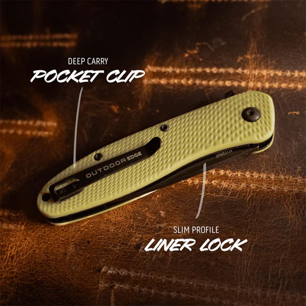 Outdoor Edge Viddux Folding Knife 3-1/8" Drop Point Blade Green Picture of Outdoor Edge Outdoor Edge Viddux Knife Green Gfn Black 4Cr Blade Liner Lock