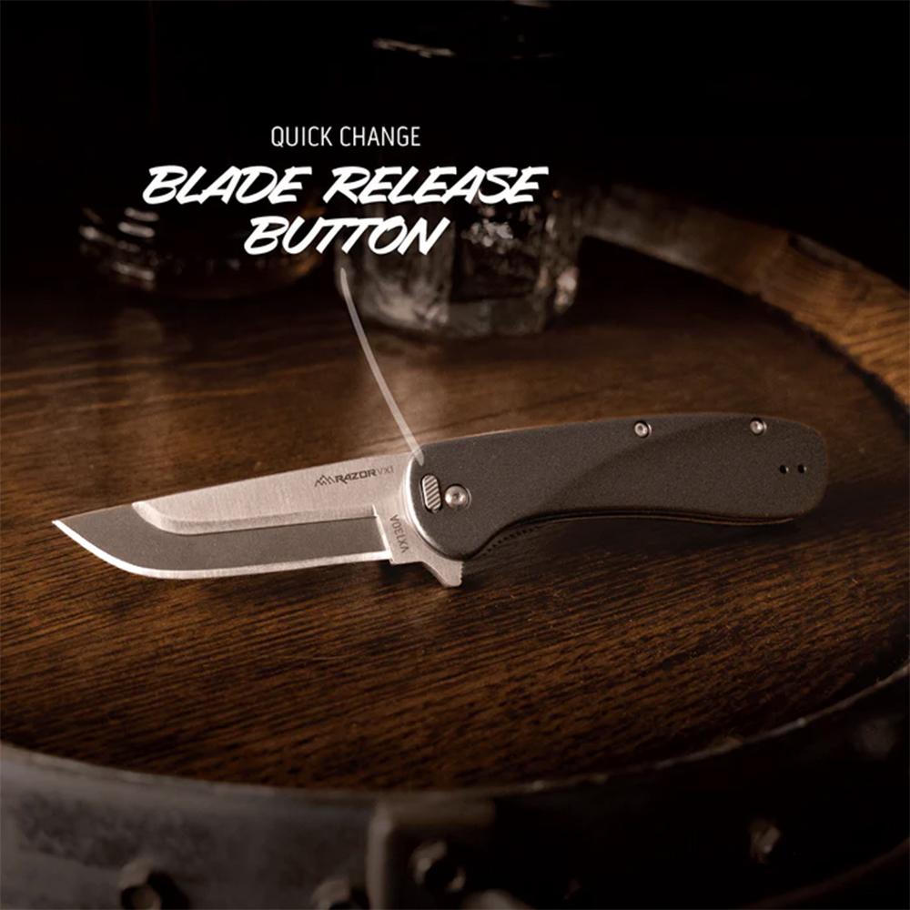 Outdoor Edge Razor VX1 Folding Knife 3" Drop Point Blade Black Picture of Outdoor Edge Outdoor Edge Razor VX1 Knife Blk Andzed Alum W/ Blk Drp Pnt Spring Assist